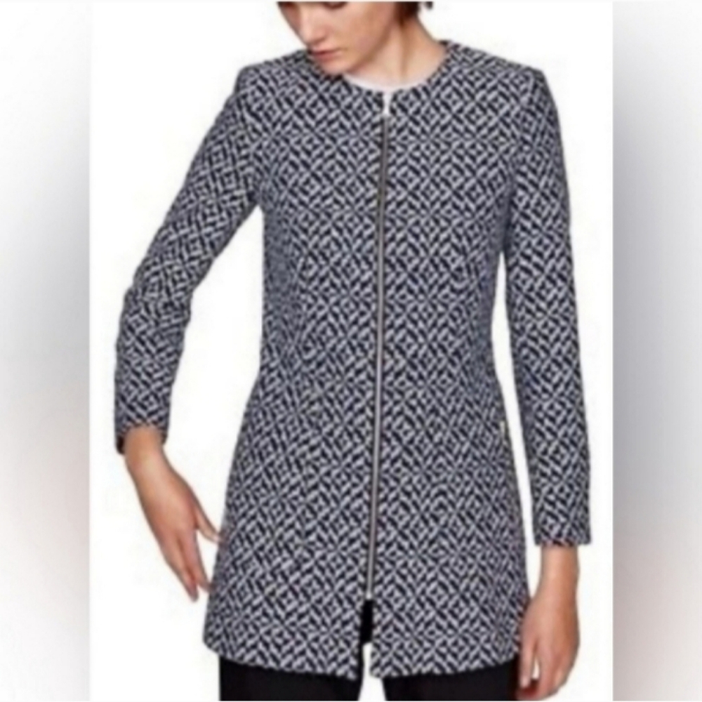 New Zara Navy and White Textured Wool Blend Jacket Coat In Size Extra Small